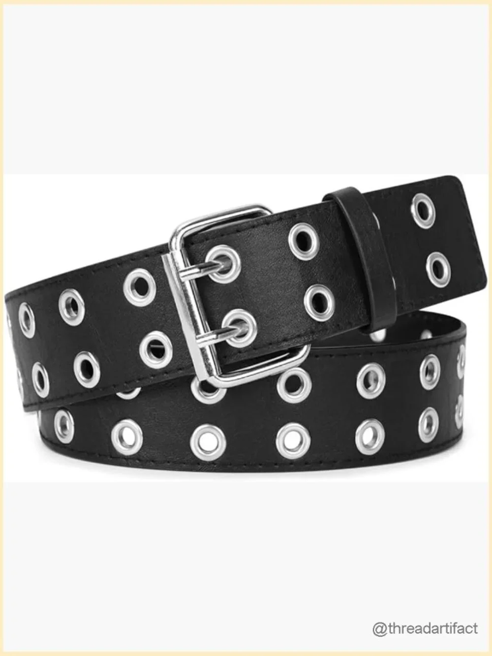 Double Grommet Belt PU Leather Punk Belt for Jeans 1.5 Wide Adjustable